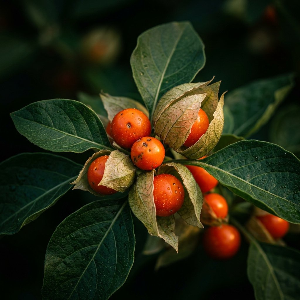 Ashwagandha plant with orange berries