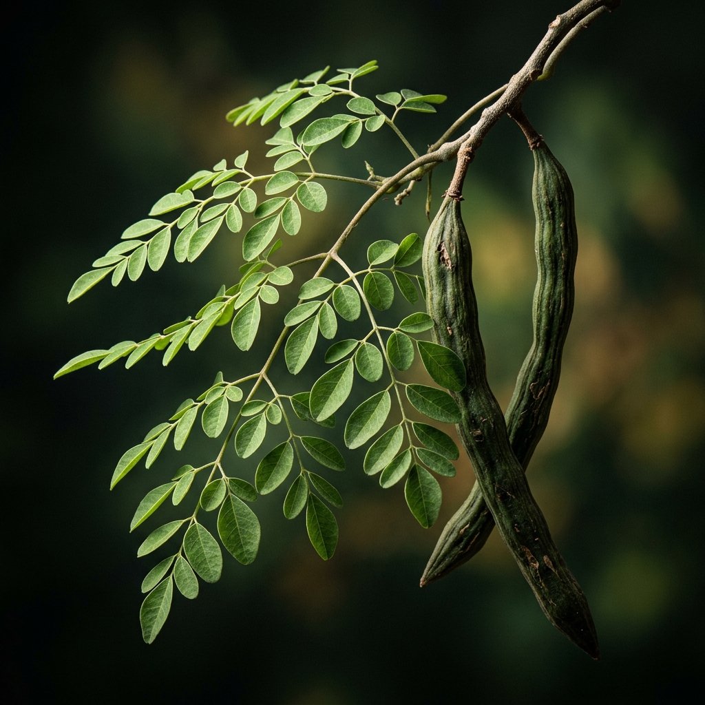 Moringa tree leaves and seed pods