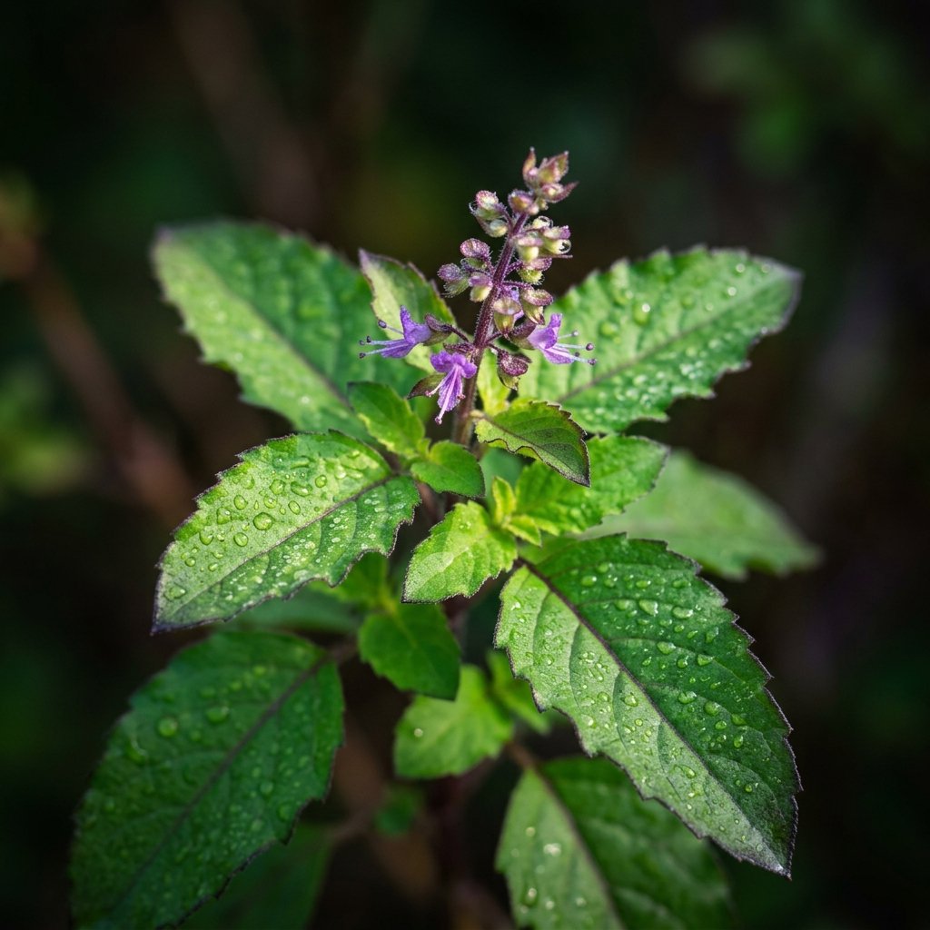 Holy Basil Tulsi plant with purple flowers