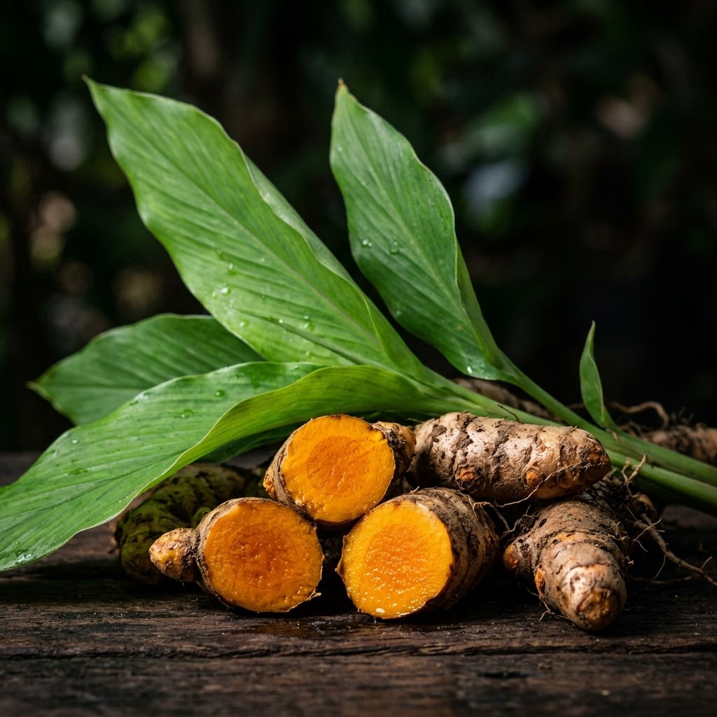 Turmeric roots and leaves